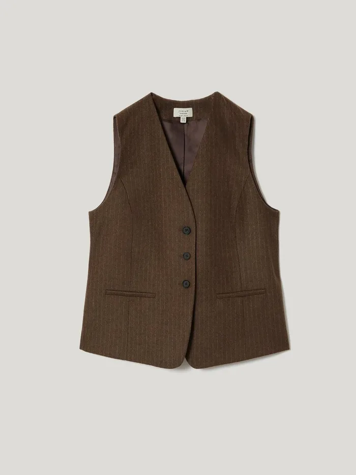 Women Wool Pinstripe Waistcoat Brown Jigsaw Coats and Jackets