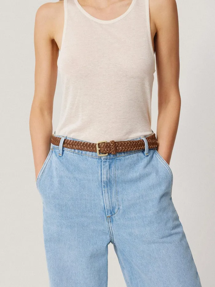 Women Woven Leather Belt Tan Jigsaw Leather