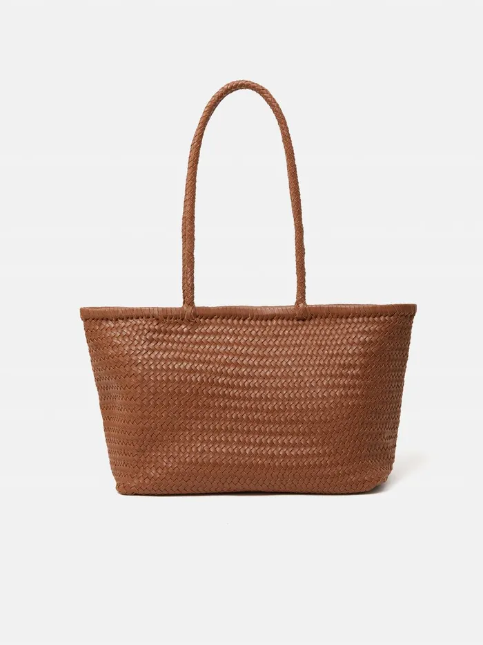 Women Woven Leather Tote Bag Tan Jigsaw Leather
