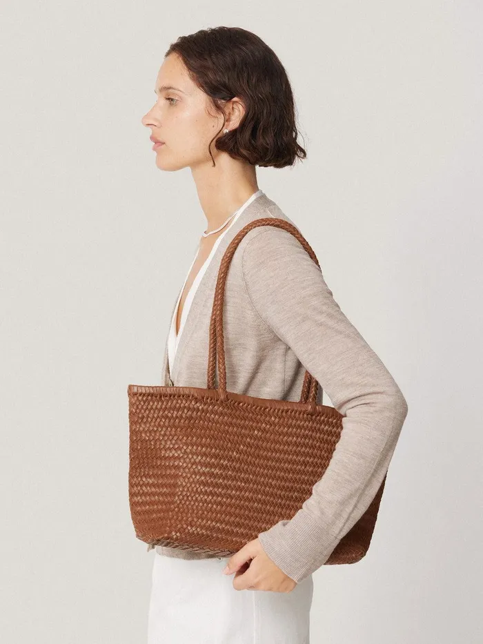 Women Woven Leather Tote Bag Tan Jigsaw Leather